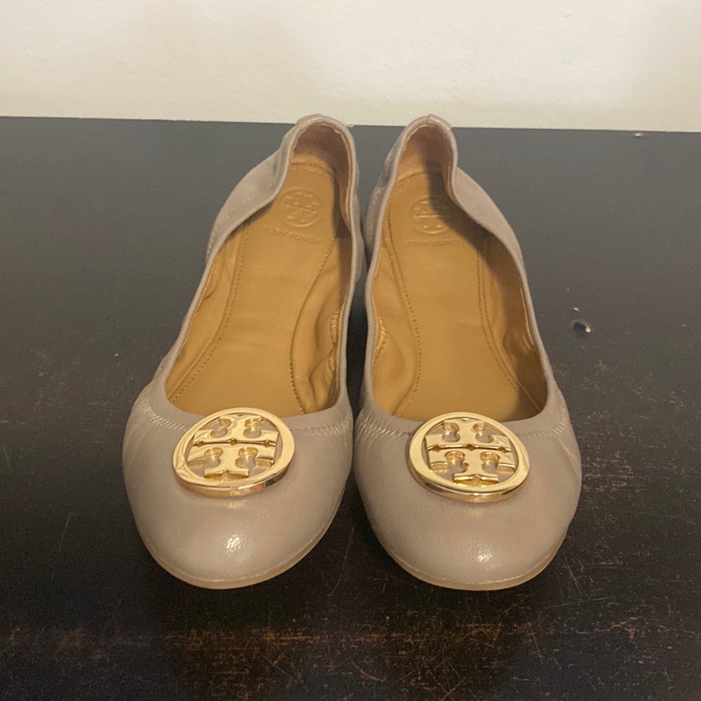 Tory Burch Minnie Leather Ballet Flats, in taupe with gold hardware